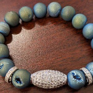 New Women's Druzy Agate Peacock Blue Silver Pave Geode Bracelet 10mm